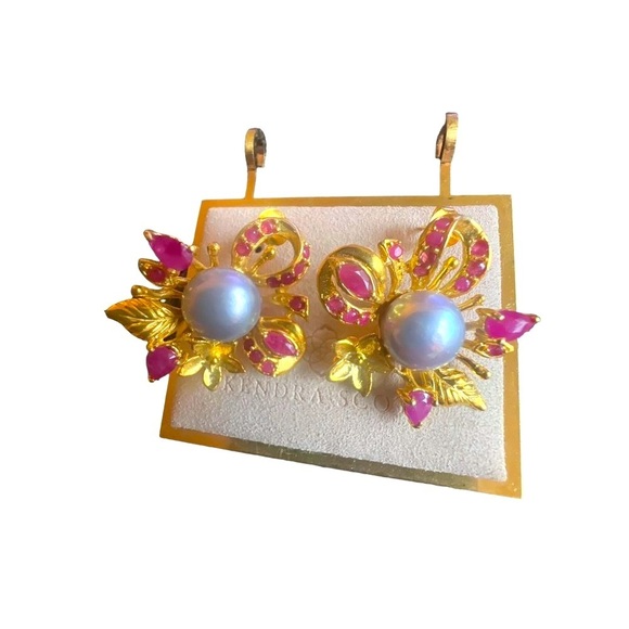 Authentic Ruby & Pearl Pierced Earrings Fine Jewelry Gold Plate on 925 Sterling - Picture 3 of 7